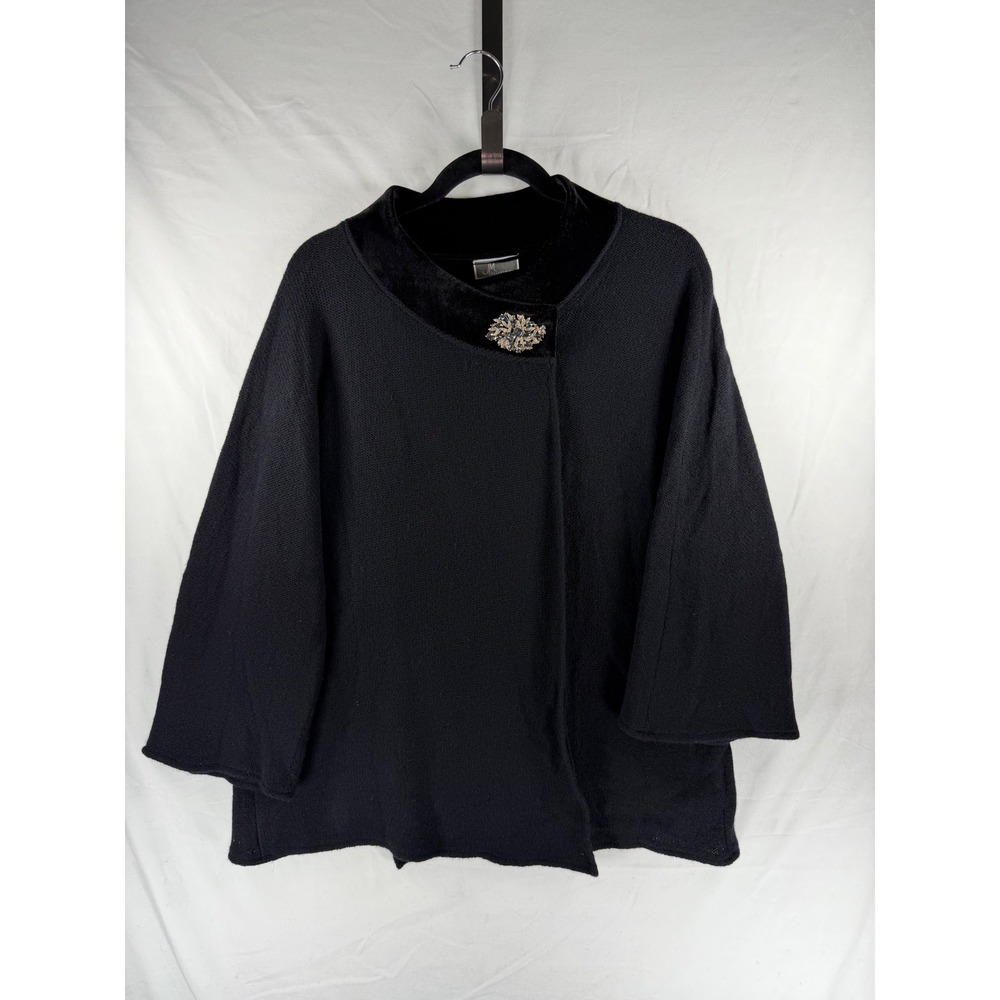 JM Collection Black 100% Wool Velvet Collar Cardigan with Rhinestone Brooch XL